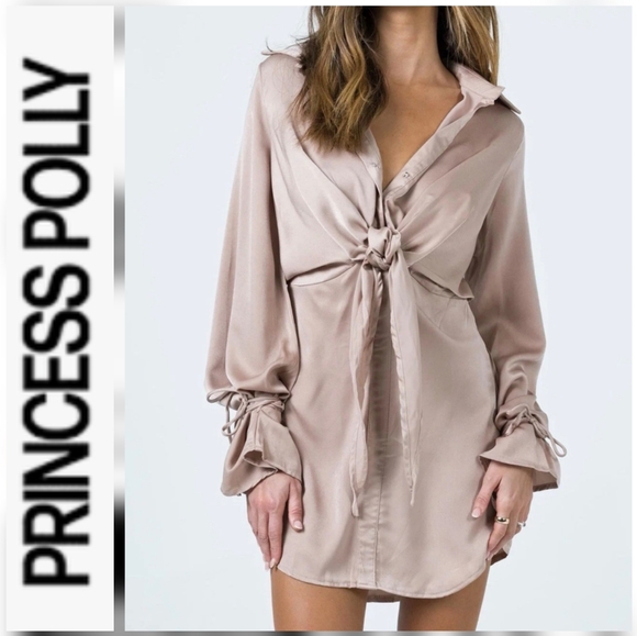 Princess Polly Dresses & Skirts - Princess Polly Liberty Beige satin tie-front long sleeve Mini dress